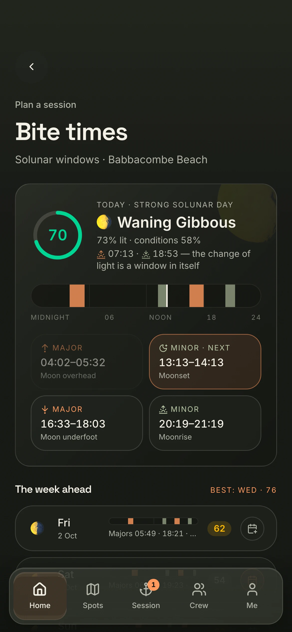 CAST solunar calendar — today's peak score, major and minor feeding windows, and the week ahead