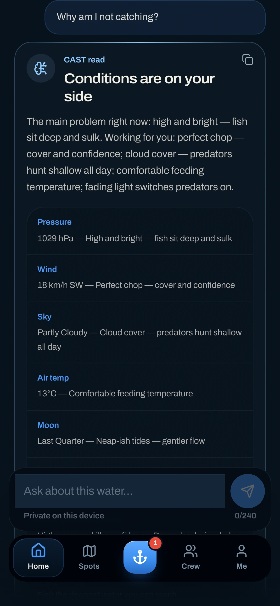 CAST Coach answering a slow-bite question with live conditions and source-labelled tactics