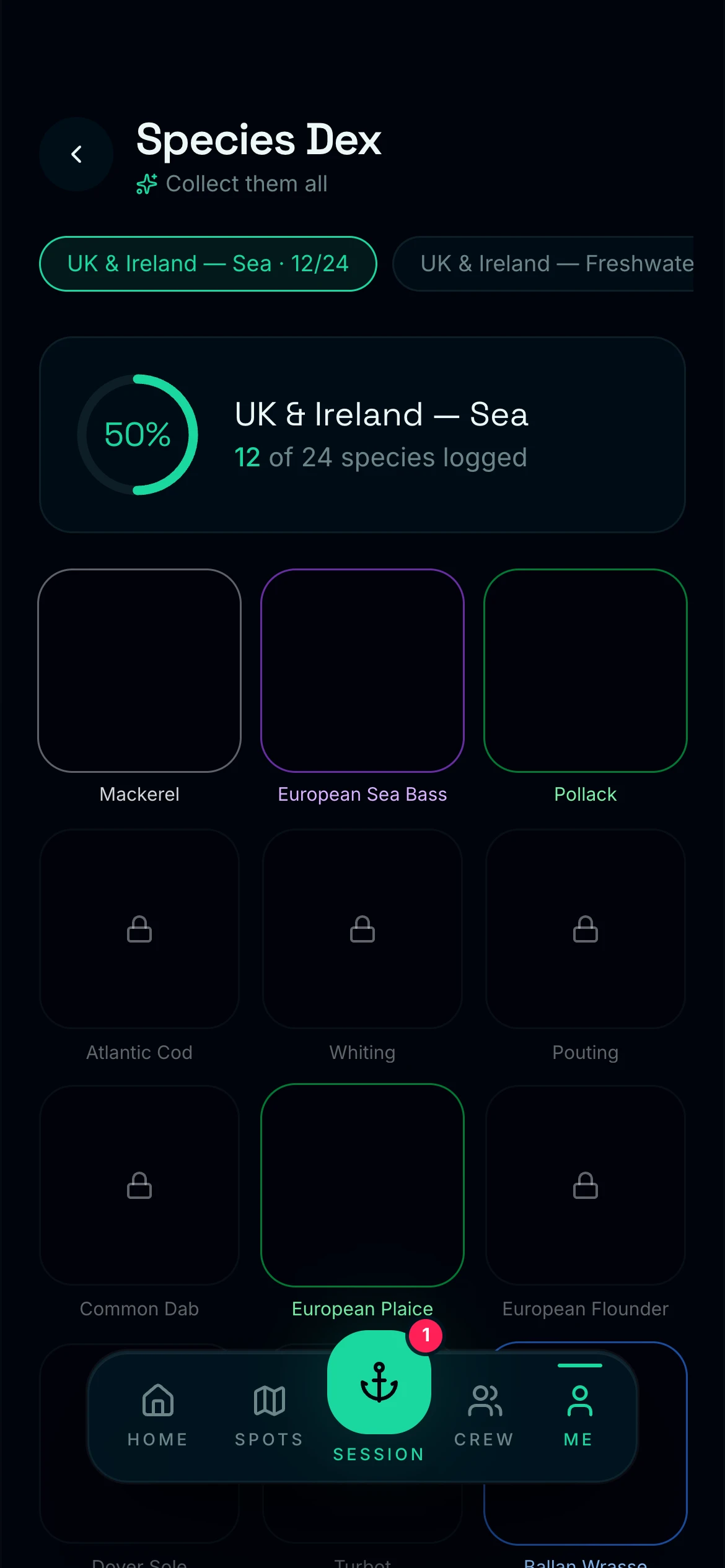 CAST Species Dex — regional collection progress with locked species