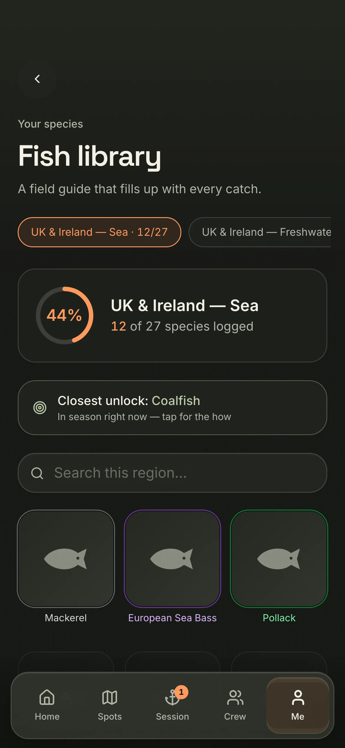CAST Species Dex — regional collection progress with locked species