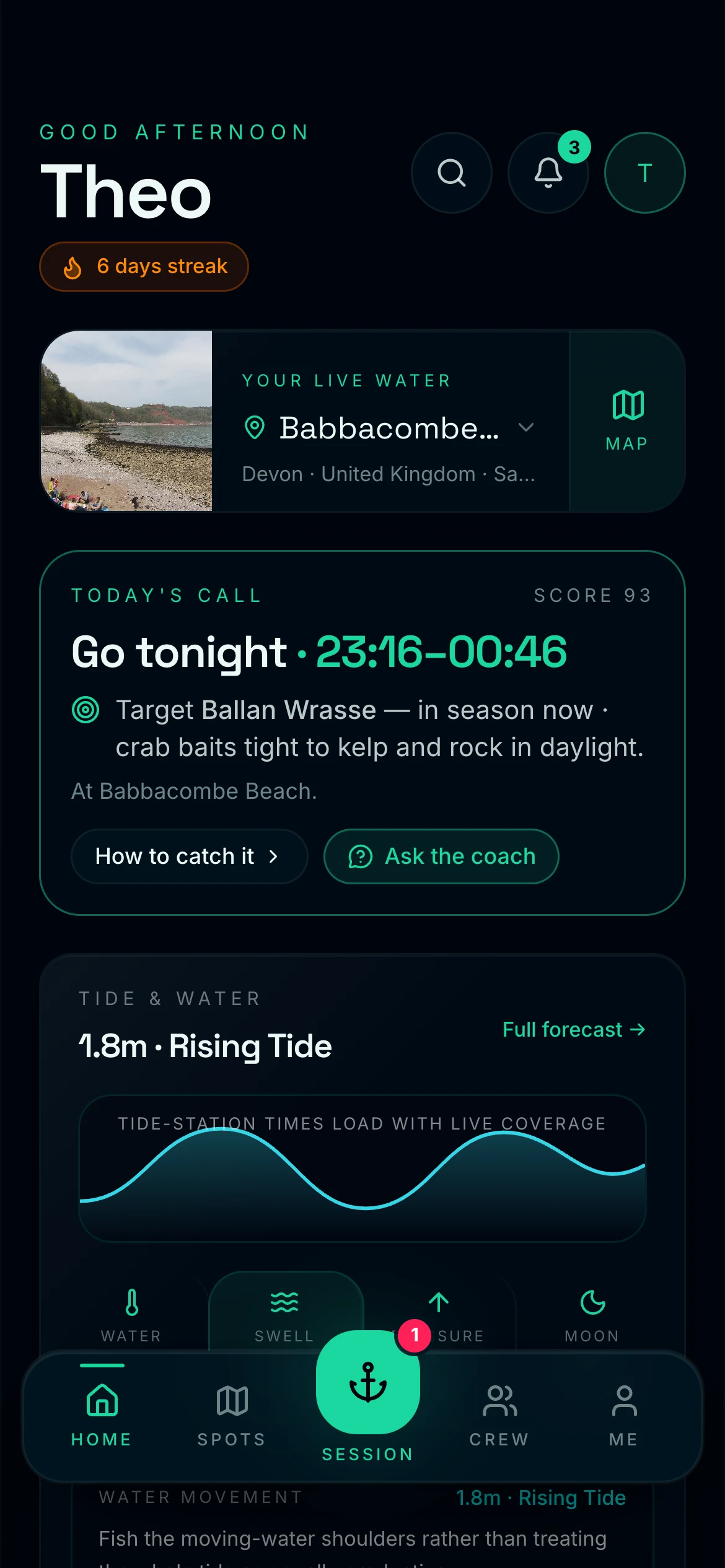 CAST home screen — live fishing conditions score and best bite window