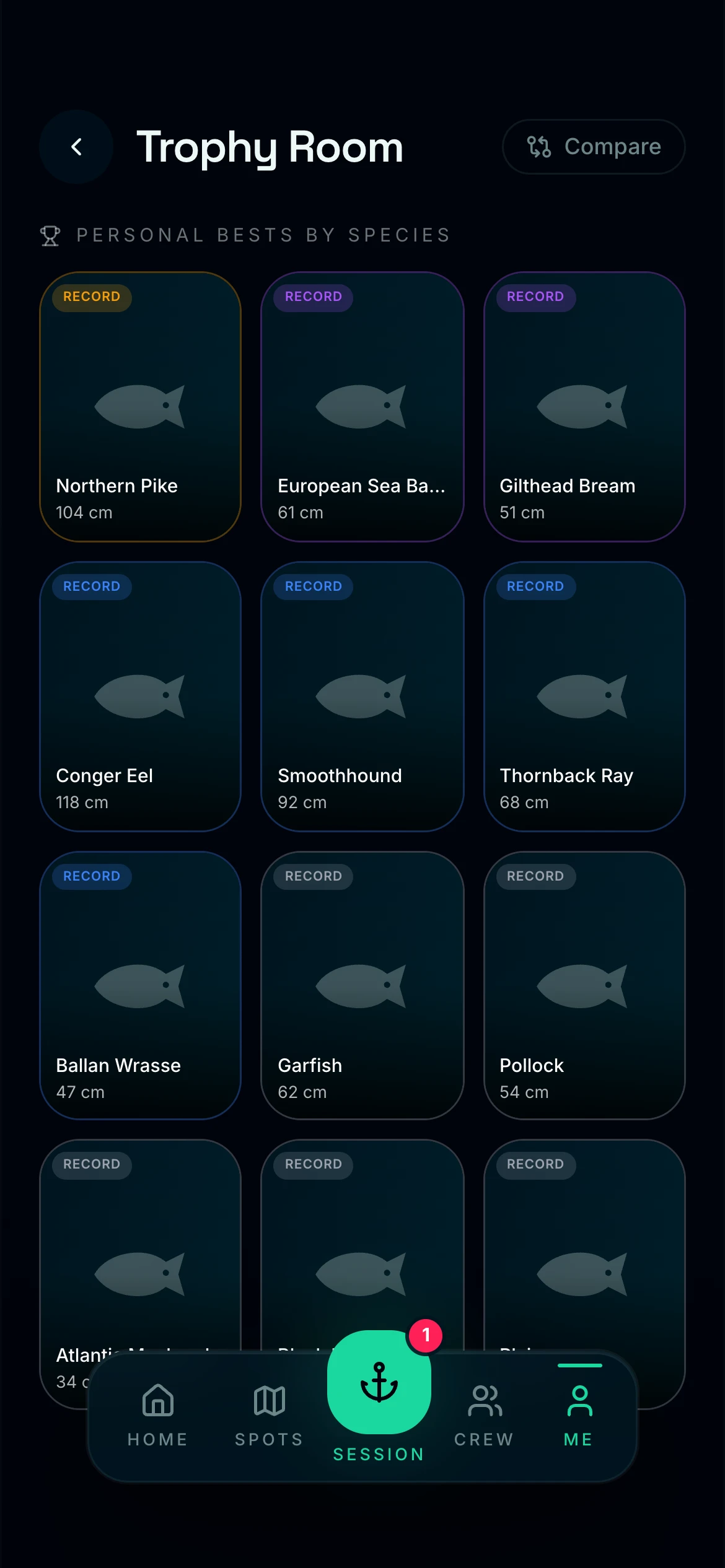 CAST Trophy Room — personal bests by species with rarity tiers
