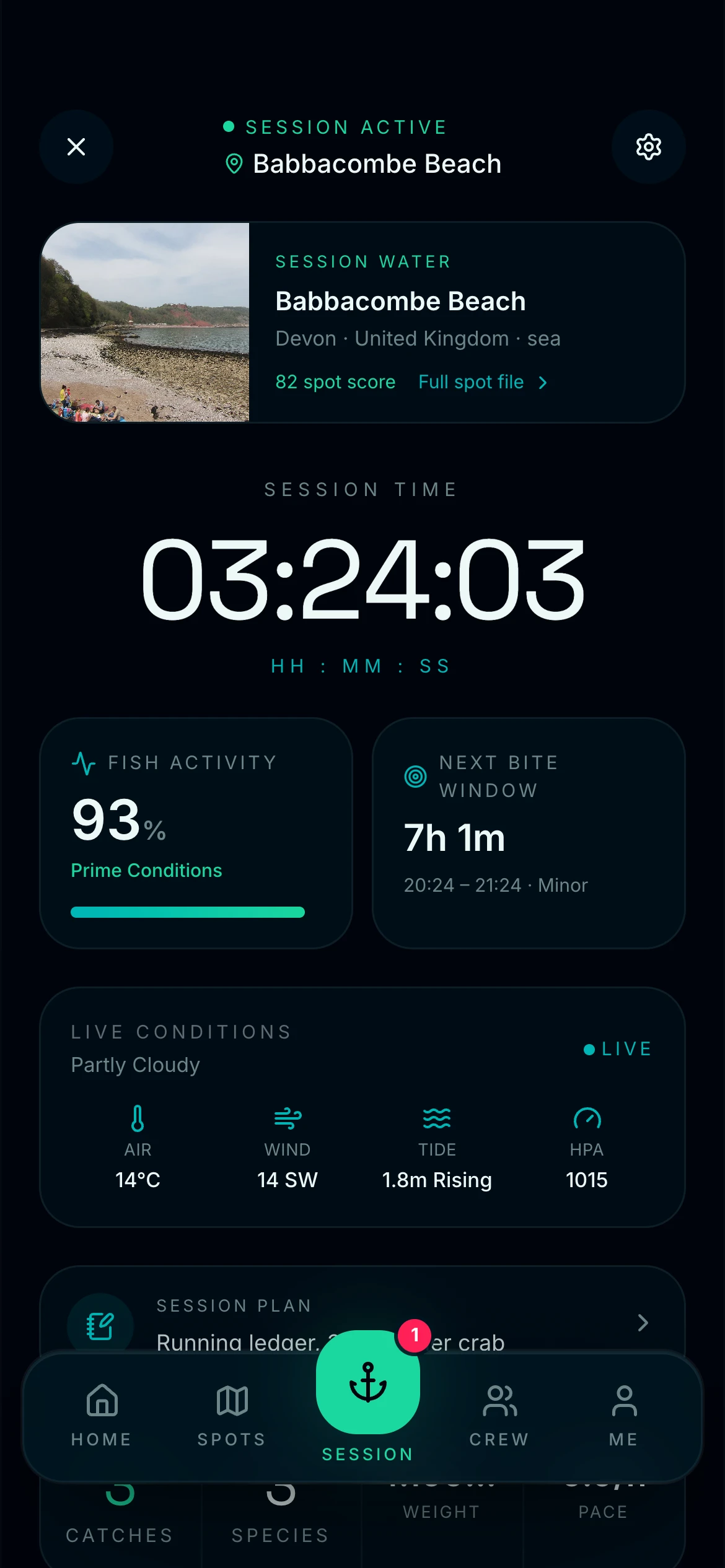 CAST live session — running timer, live conditions, crew count and quick actions