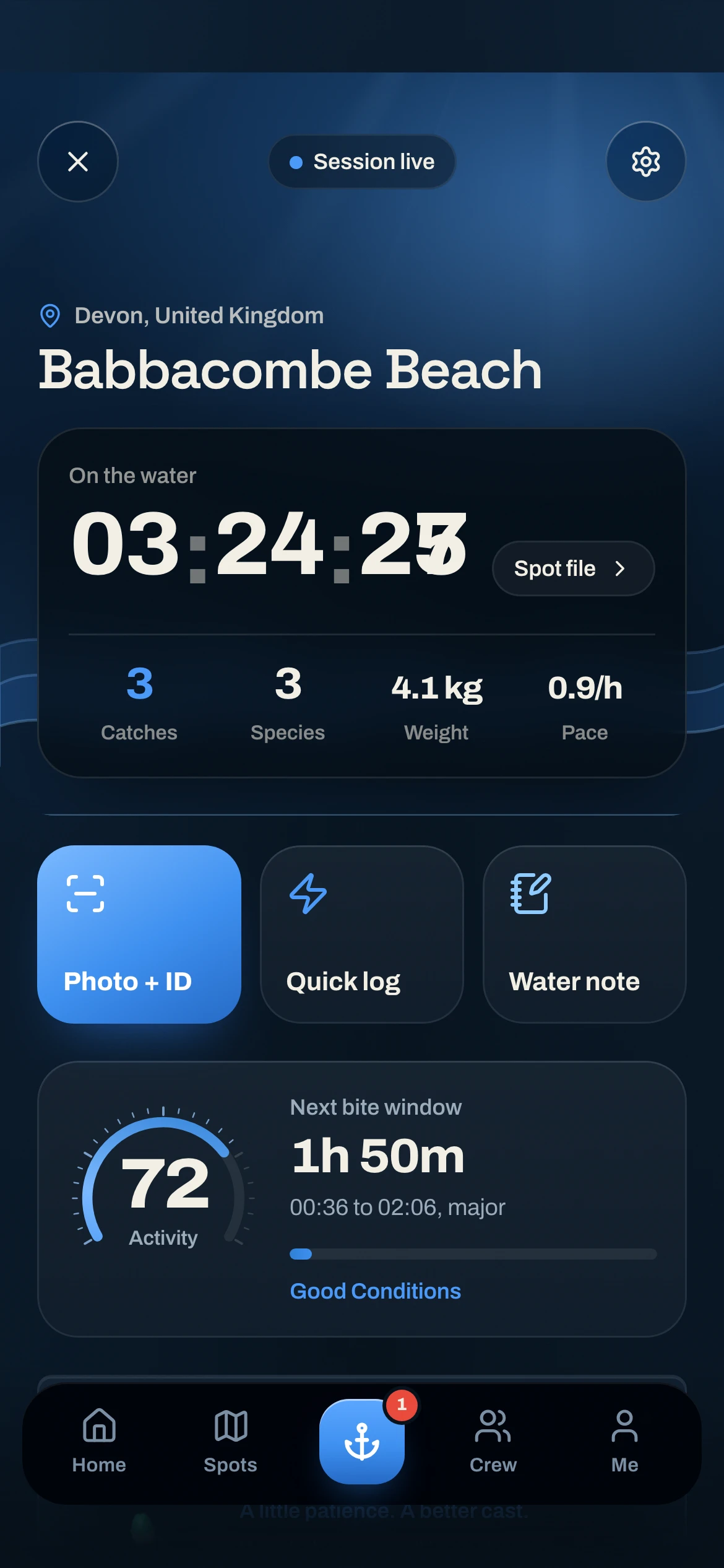 CAST live session — running timer, live conditions, crew count and quick actions