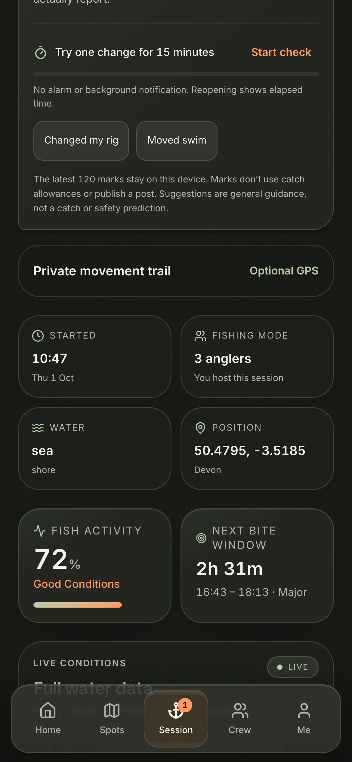 CAST live session catch display and quick actions
