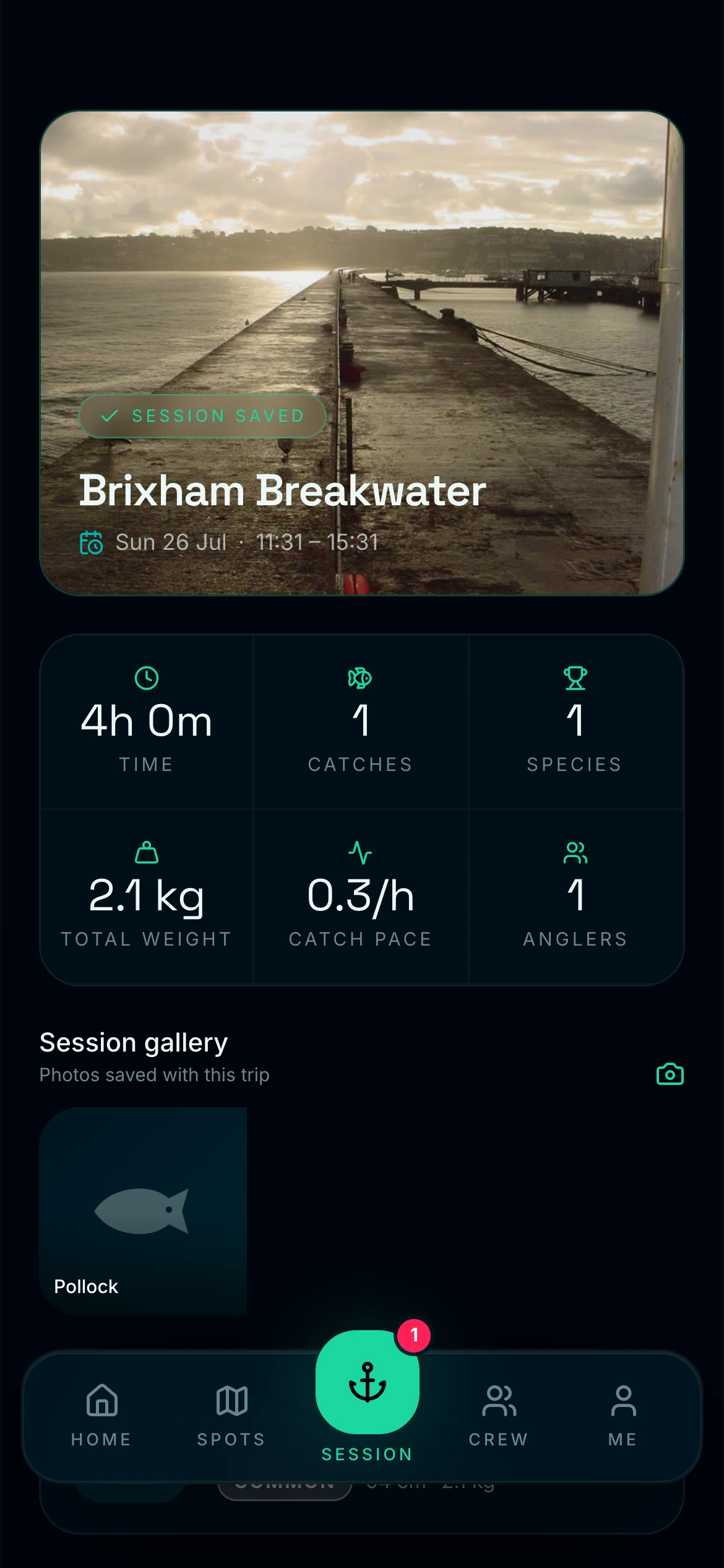 CAST completed session summary with catches, crew and trip statistics