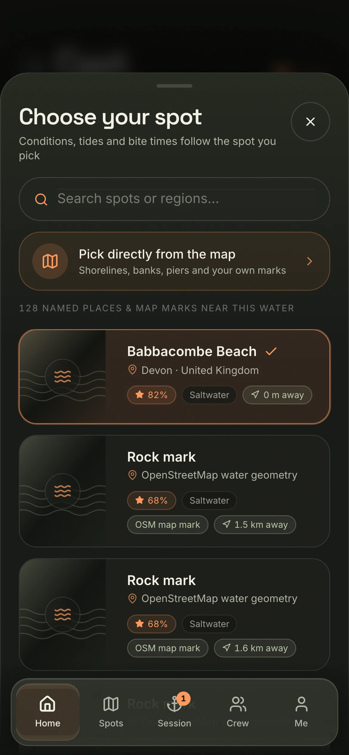 CAST fishing-spot search with nearby water and map picking