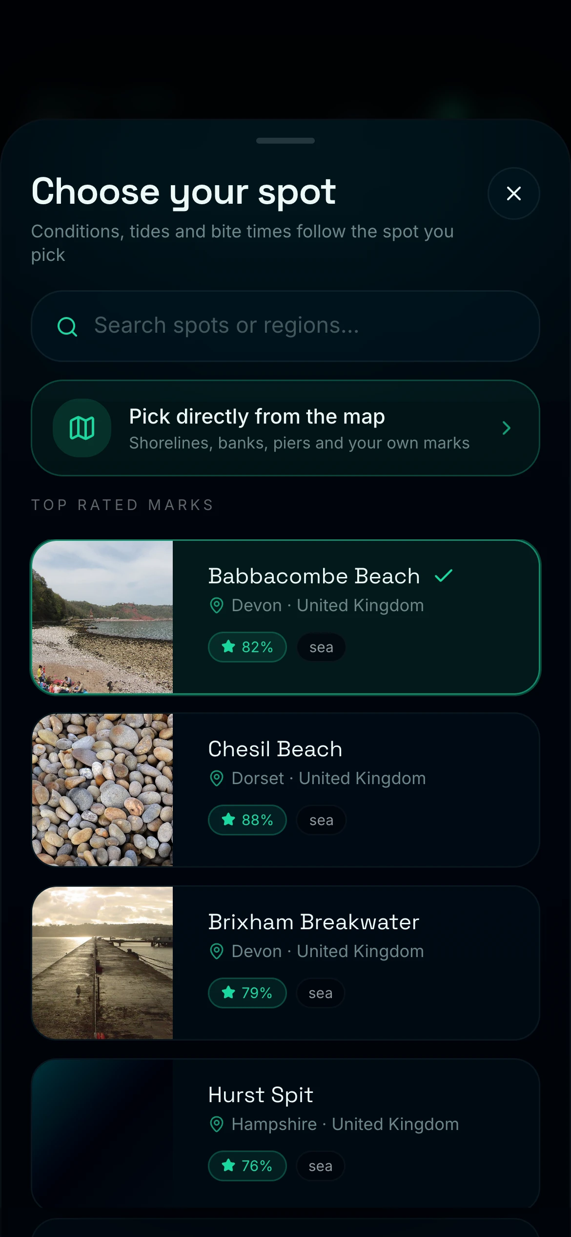 CAST fishing-spot search with nearby water and map picking